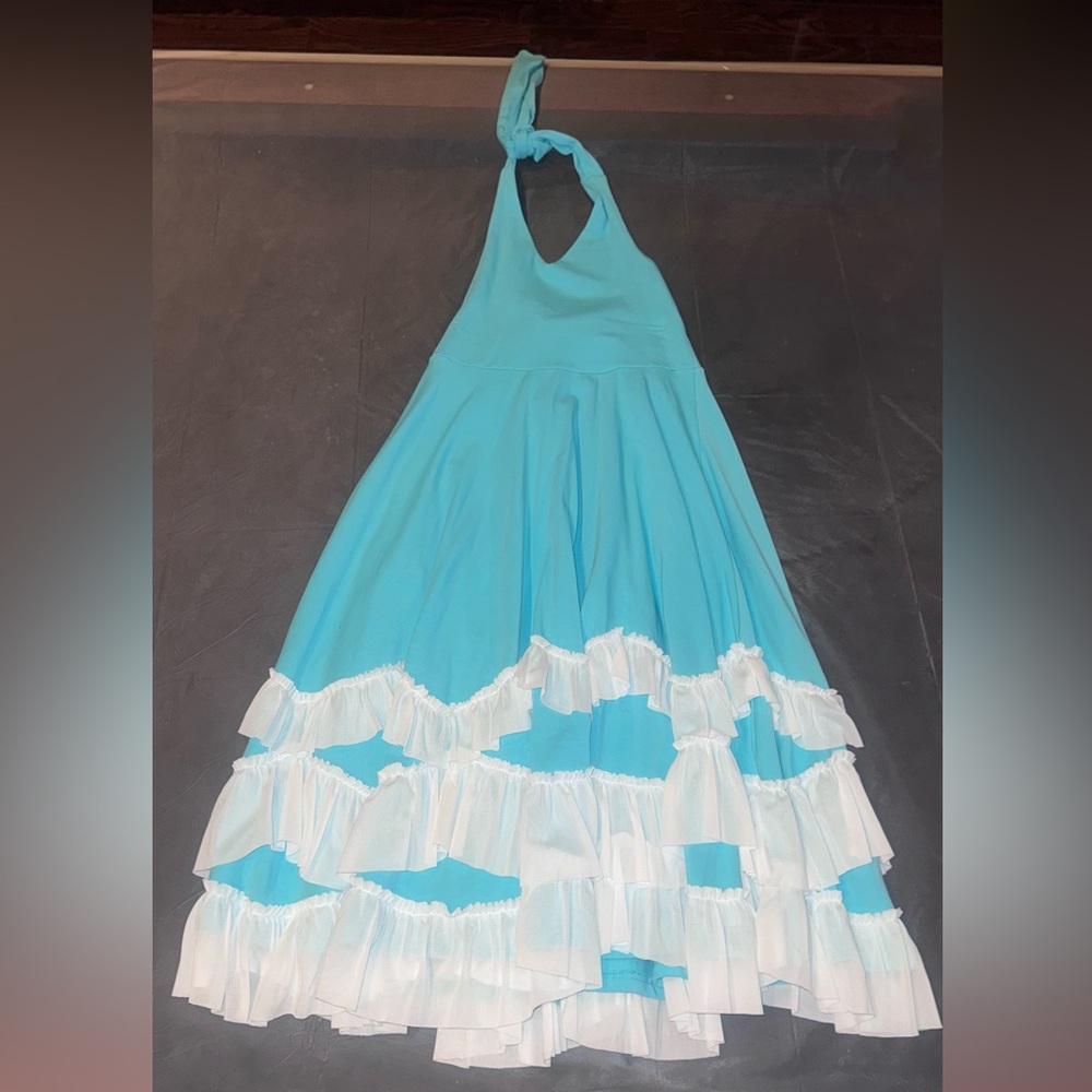 Blue Halter Maxi Dress with White Ruffle Details